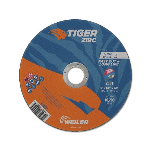Weiler Tiger® Zirc Thin Cutting Wheel, 6 in dia, 0.045 in Thick, 7/8 in Arbor, 60 Grit, Zirconia Alumina, Type 1 (804-58002)