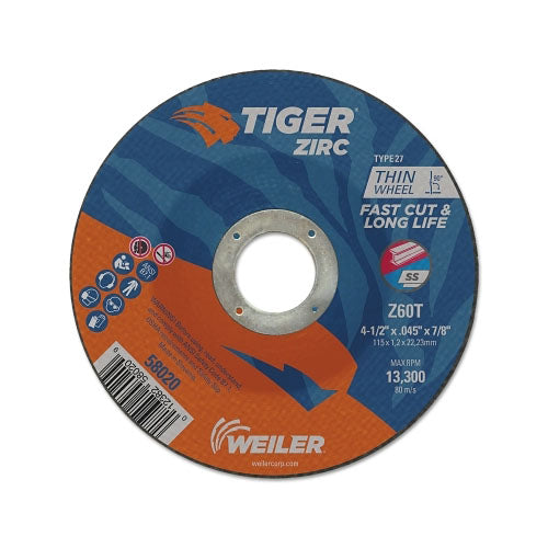 Weiler Tiger® Zirc Thin Cutting Wheel, 4-1/2 in dia, 0.045 in Thick, 7/8 in Arbor, 24 Grit, Zirconia Alumina, Type 27 (804-58020)