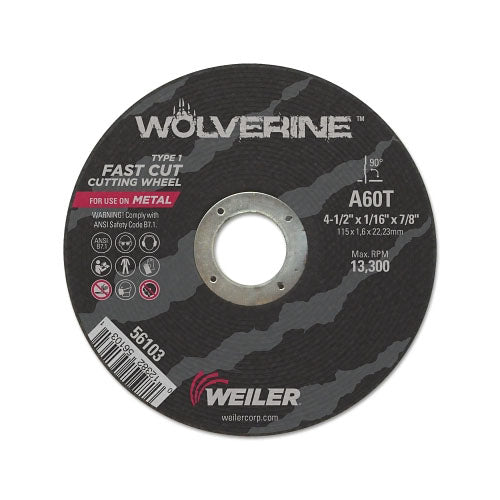 Weiler Wolverine™ Flat Type 1 Cutting Wheel, 4-1/2 in Diameter, 1/16 in Thick, 60 Grit, Alum Oxide (804-56103)