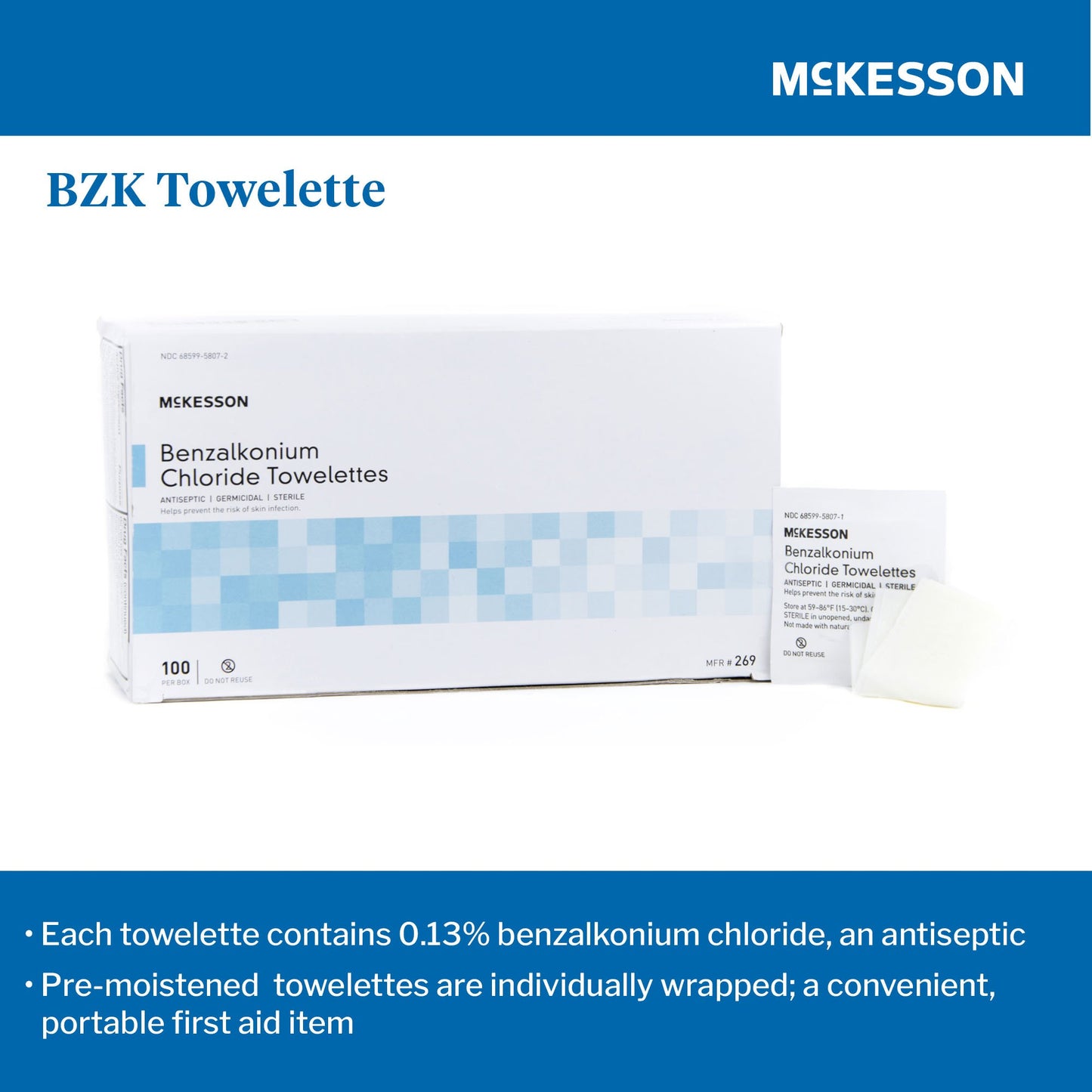 McKesson Antiseptic Skin Towelette Individual Packet Unscented 100 Count (865276_BX)