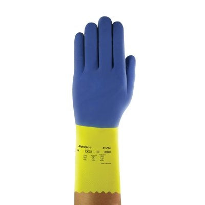 Ansell AlphaTec® 87-224 Neoprene Gloves, Cotton Flock Lined, Size 7, Yellow/Blue (012-87-224-7)