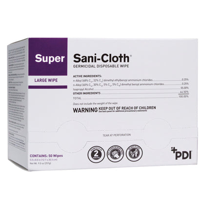 Super Sani-Cloth® Surface Disinfectant Cleaner Premoistened Germicidal Manual Pull Wipe 50 Count Individual Packet Alcohol Scent NonSterile (297456_BX)