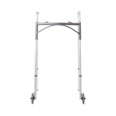 McKesson Dual Release Folding Walker with Wheels Adjustable Height Aluminum Frame 350 lbs. Weight Capacity 32 to 39 Inch Height (1076176_EA)