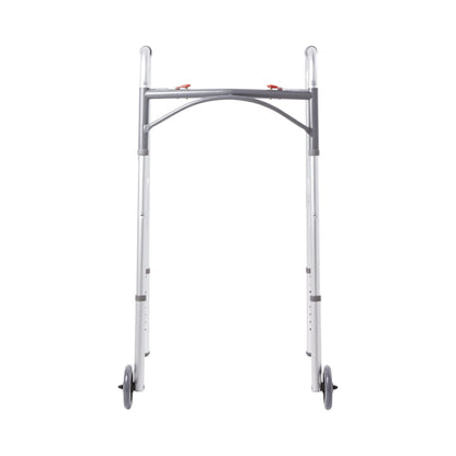 McKesson Dual Release Folding Walker with Wheels Adjustable Height Aluminum Frame 350 lbs. Weight Capacity 32 to 39 Inch Height (1076176_EA)