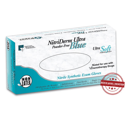 NitriDerm® Ultra Blue Exam Glove Medium NonSterile Nitrile Standard Cuff Length Fully Textured Light Blue Chemo Tested / Fentanyl Tested (784391_CS)