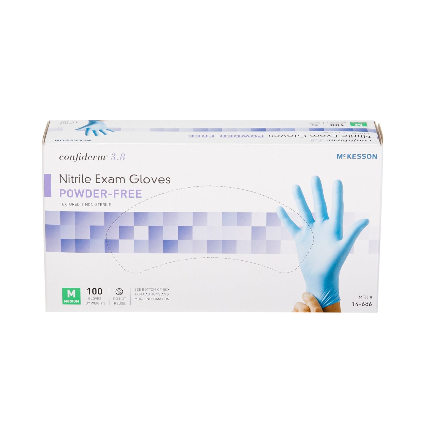 McKesson Confiderm® 3.8 Exam Glove Medium NonSterile Nitrile Standard Cuff Length Textured Fingertips Blue Not Rated (921611_CS)