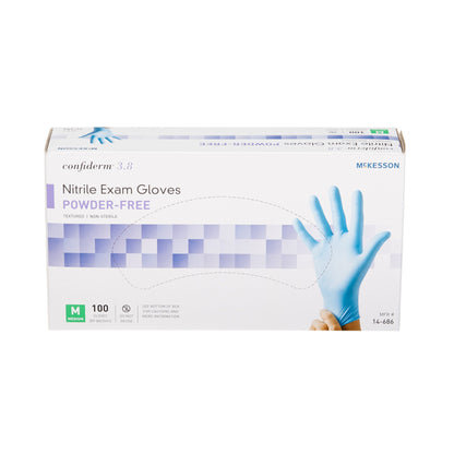 McKesson Confiderm® 3.8 Exam Glove Medium NonSterile Nitrile Standard Cuff Length Textured Fingertips Blue Not Rated (921611_CS)