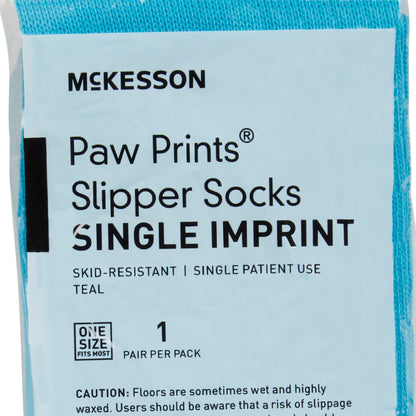 McKesson Paw Prints® Slipper Socks Unisex Adult One Size Fits Most Single Tread Single Patient Use Teal (475019_PR)