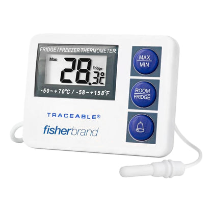 Fisherbrand™ Digital Refrigerator / Freezer Thermometer with Alarm Fahrenheit / Celsius -58° to +158°F (-50° to +70°C) External Probe Flip-out Stand / Wall Mount Battery Operated (780125_EA)