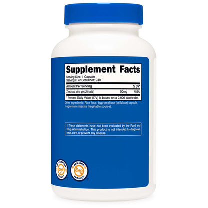 nutricost® Dietary Supplement Zinc Picolinate 50 mg Strength Capsule 240 Per Bottle (1270263_CS)