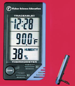 Fisherbrand™ Traceable® Digital Thermometer / Hygrometer Fahrenheit / Celsius 32° to 122°F (0 to 50°C) Internal Sensor Desk / Wall Mount Battery Operated (516928_EA)
