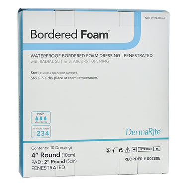 BorderedFoam® Foam Dressing 4 Inch Diameter With Border Waterproof Backing Nonacrylic Adhesive Fenestrated Round Sterile (946278_BX)