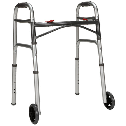 McKesson Dual Release Folding Walker with Wheels Adjustable Height Aluminum Frame 350 lbs. Weight Capacity 25 to 32-1/4 Inch Height (1088077_CS)