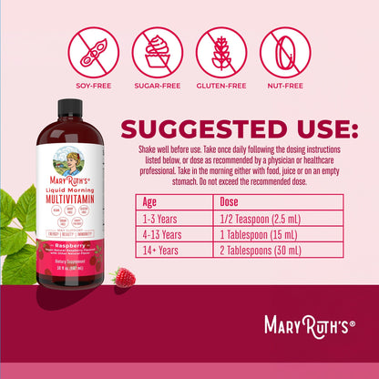 Mary Ruth's® Liquid Morning Multivitamin Dietary Supplement Vitamin A / C / D / E 80 mcg - 8 mg - 1.7 mcg - 1.5 mg Strength Liquid 30 oz. Raspberry Flavor (1271761_EA)