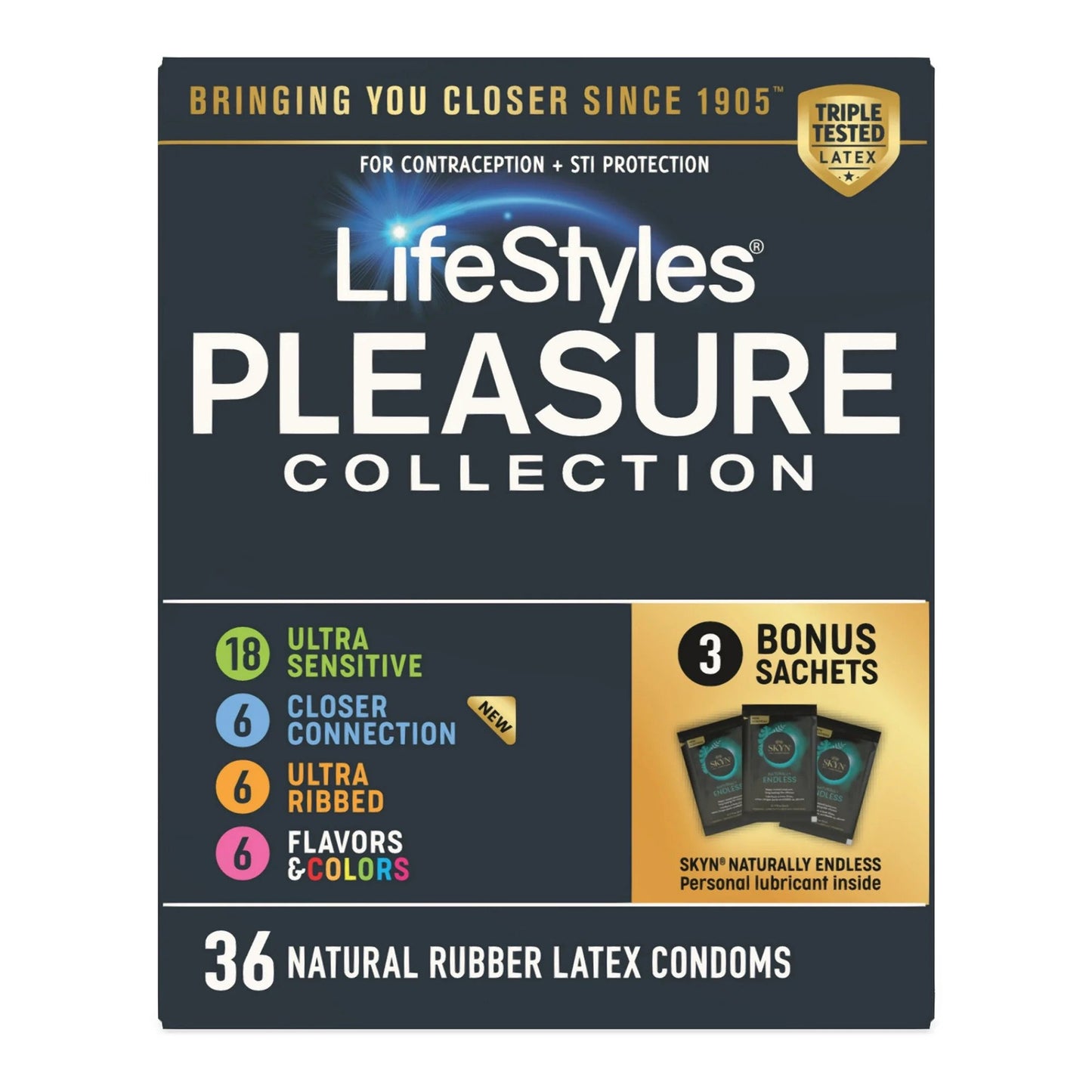 Lifestyles® Pleasure Collection Condom Variety Pack Lubricated One Size Fits Most 36 Per Box (1256944_BX)