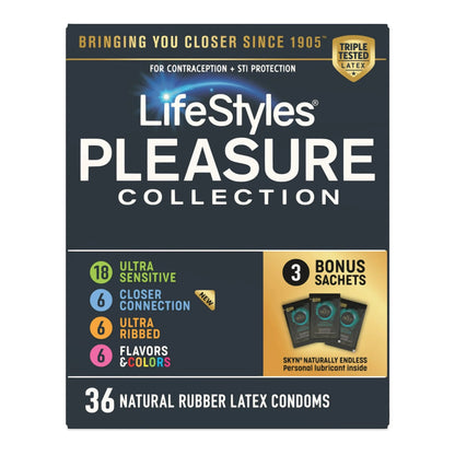 Lifestyles® Pleasure Collection Condom Variety Pack Lubricated One Size Fits Most 36 Per Box (1256944_BX)