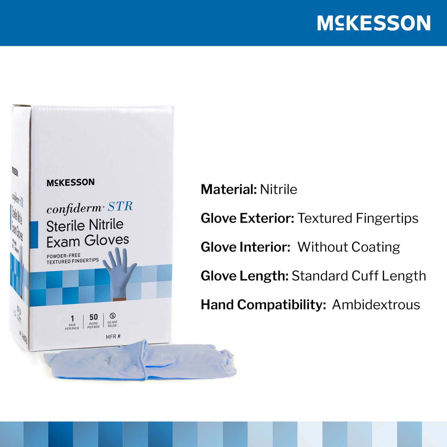 McKesson Confiderm® STR Exam Glove X-Large Sterile Pair Nitrile Standard Cuff Length Textured Fingertips Blue Not Rated (1065408_BX)