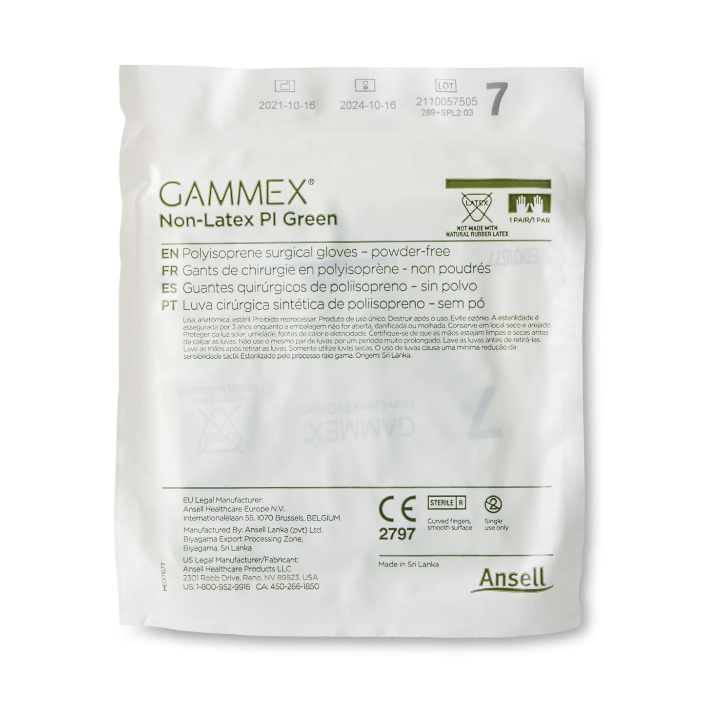 GAMMEX® Non-Latex PI Green Surgical Glove Size 7 Sterile Polyisoprene Standard Cuff Length Micro-Textured Light Green Chemo Tested (648143_CS)