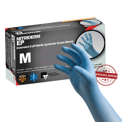 NitriDerm® EP Exam Glove Medium NonSterile Nitrile Extended Cuff Length Fully Textured Blue Chemo Tested / Fentanyl Tested (812546_CS)