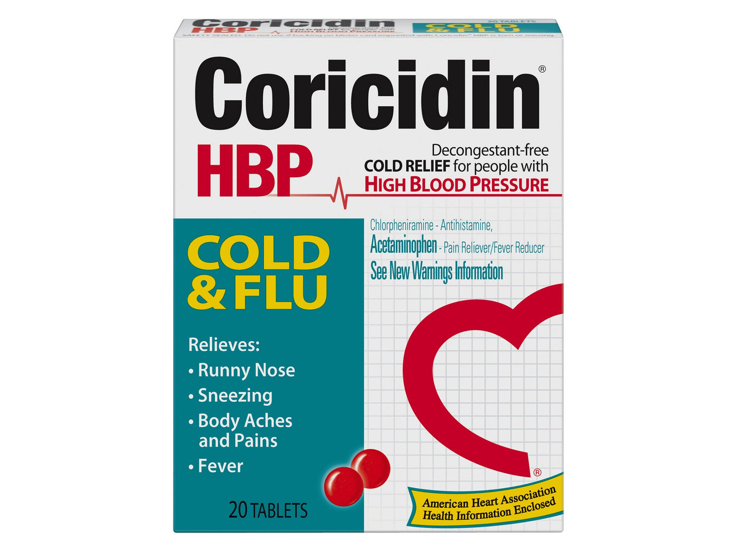 Coricidin® HBP Cold & Flu Cold and Cough Relief 325 mg - 2 mg Strength Tablet 20 per Box (930011_EA)