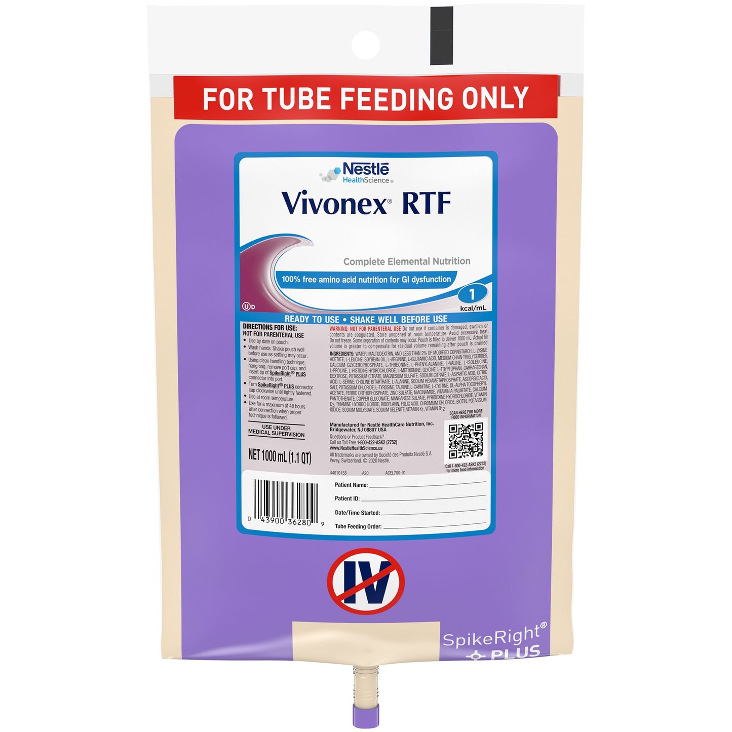 Vivonex® RTF Tube Feeding Formula Unflavored Liquid 1000 mL Ready to Hang Prefilled Container (693724_EA)