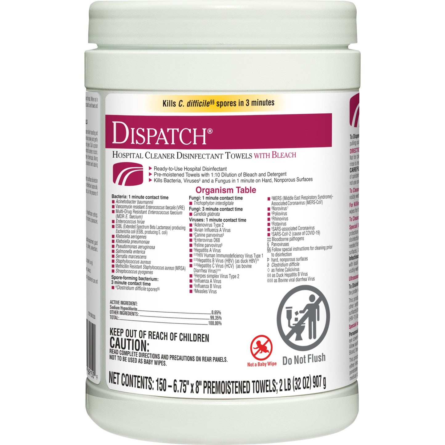 Dispatch® with Bleach Surface Disinfectant Cleaner Premoistened Manual Pull Wipe 150 Count Canister Fruity Floral Bleach Scent NonSterile (735385_PK)