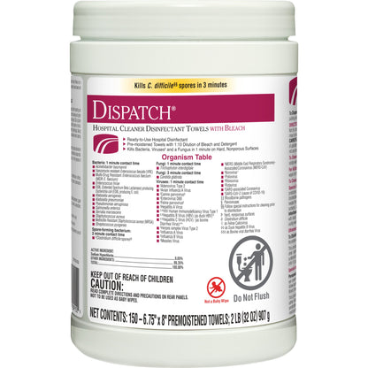 Dispatch® with Bleach Surface Disinfectant Cleaner Premoistened Manual Pull Wipe 150 Count Canister Fruity Floral Bleach Scent NonSterile (735385_PK)