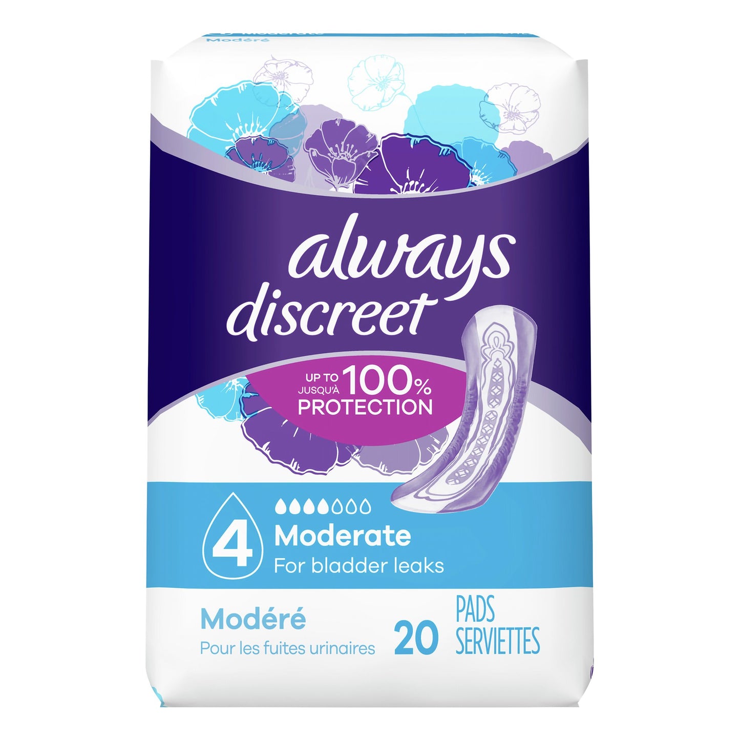 Always® Discreet Bladder Control Pad 12-1/2 Inch Length Moderate Absorbency RapidDry™ Core One Size Fits Most (1204598_CS)