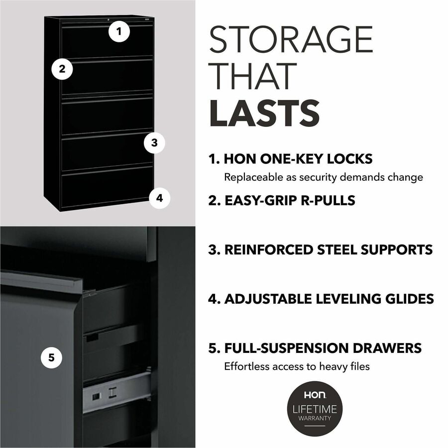 HON 800 Series Full-Pull Locking Lateral File, 5-Drawer, 42" x 18" x 64.2", Black (HON895LP)
