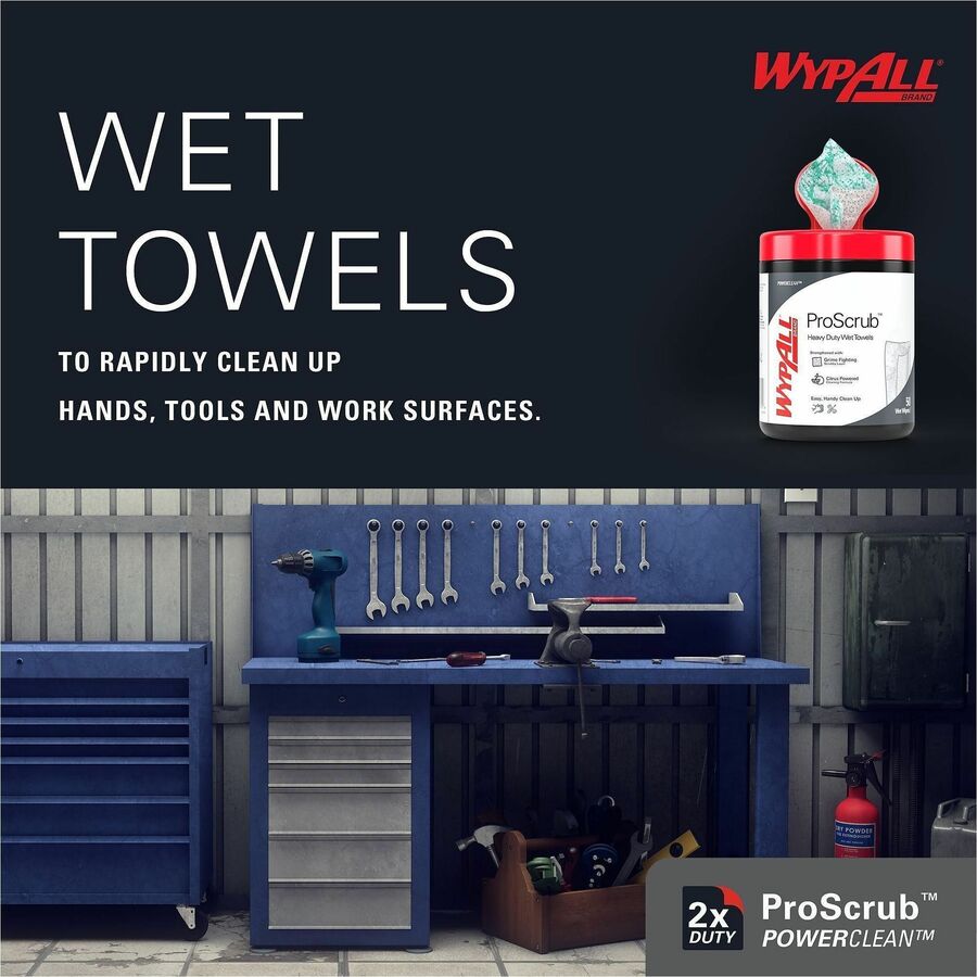 Wypall PowerClean ProScrub Heavy Duty Wet Towels, Citrus, 50/Tub (KCC58310EA)