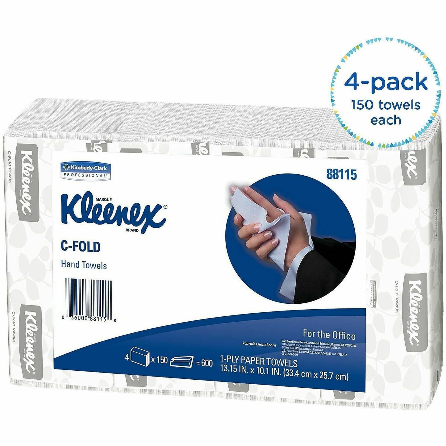 Kleenex C-Fold Hand Towels, 1 Ply, C-fold, 10.10" x 13.25", White, 150/Bag, 4/Pack (KCC88115)
