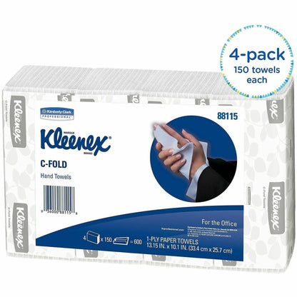 Kleenex C-Fold Hand Towels, 1 Ply, C-fold, 10.10" x 13.25", White, 150/Bag, 4/Pack (KCC88115)