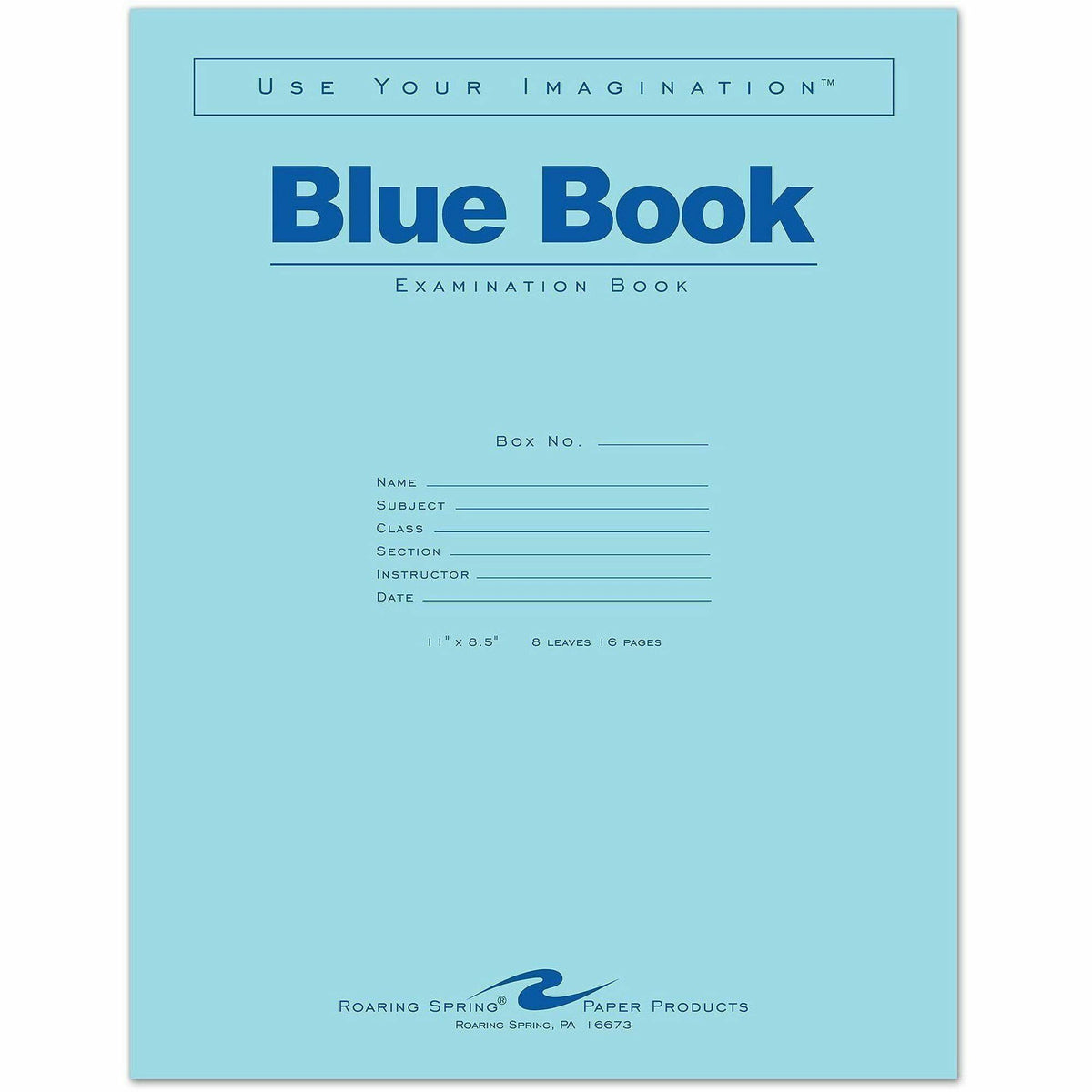 Roaring Spring 8, sheet Blue Examination Book, Letter, 8 Sheets, 16 Pages, 50/Pack (ROA77517)