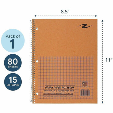 Roaring Spring 5x5 Graph Ruled Spiral Lab Notebook, 80 Sheets, 160 Pages, Green Paper, Brown Kraft Cover (ROA11209)