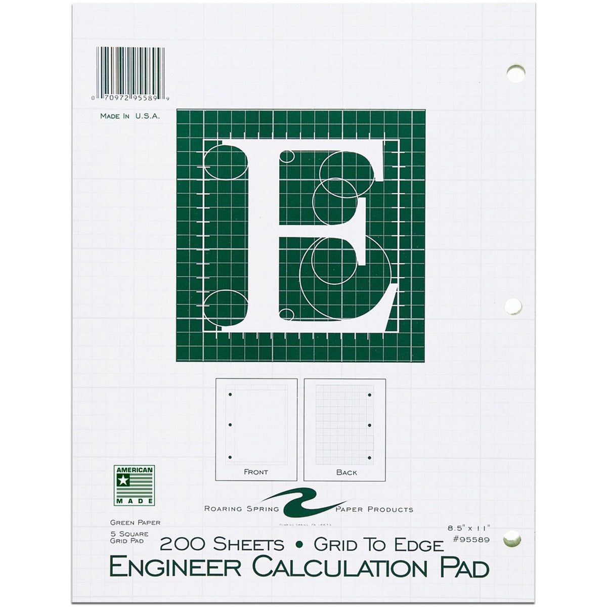 Roaring Spring 5x5 Grid Engineering Pad, 200 Sheets, 400 Pages, Green Paper (ROA95589)
