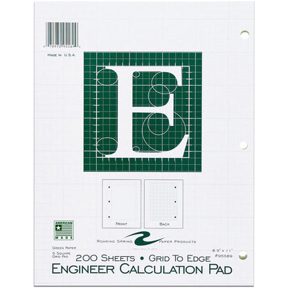 Roaring Spring 5x5 Grid Engineering Pad, 200 Sheets, 400 Pages, Green Paper (ROA95589)