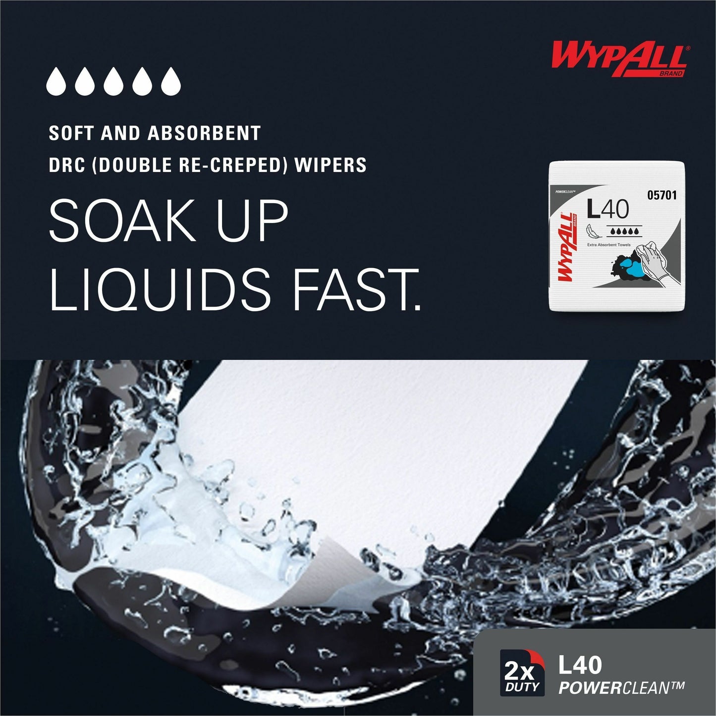Wypall PowerClean L40 Extra Absorbent Towels, 12" x 12.50" (KCC05701)