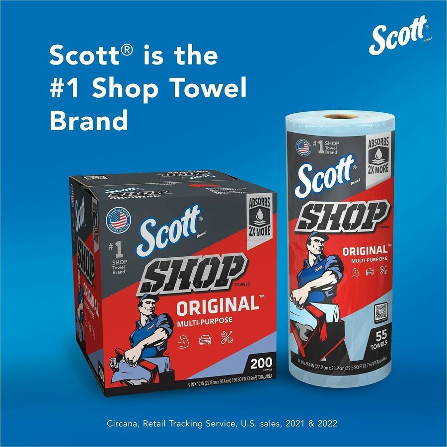 Scott Original Shop Towels, Fresh, 9.40" x 11", 55 Sheets/Roll, Blue, 1 Roll (KCC75147)