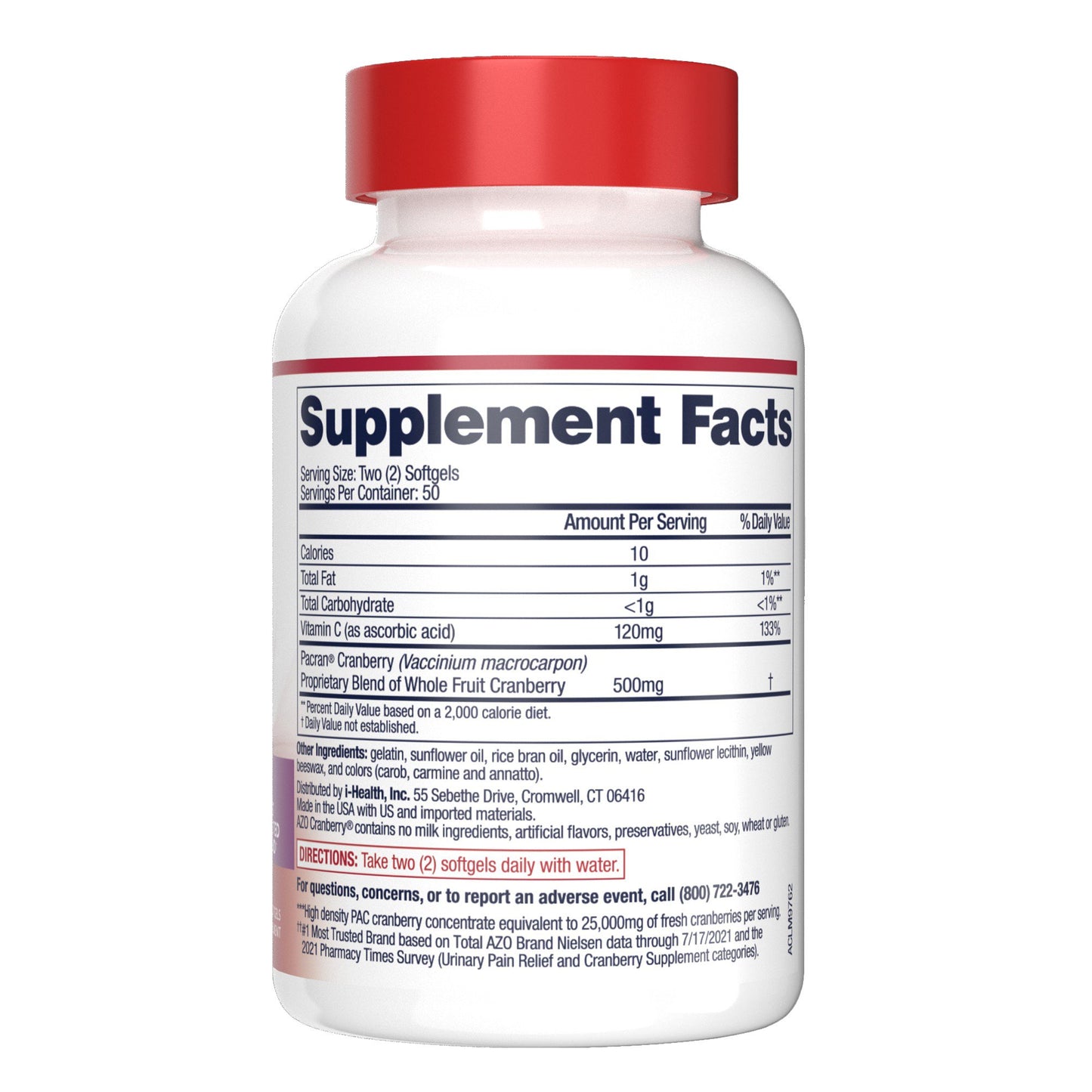 AZO® Cranberry Urinary Tract Health Dietary Supplement Vitamin C / Cranberry 120 mg - 500 mg Strength Softgel 100 per Bottle (1268924_BT)
