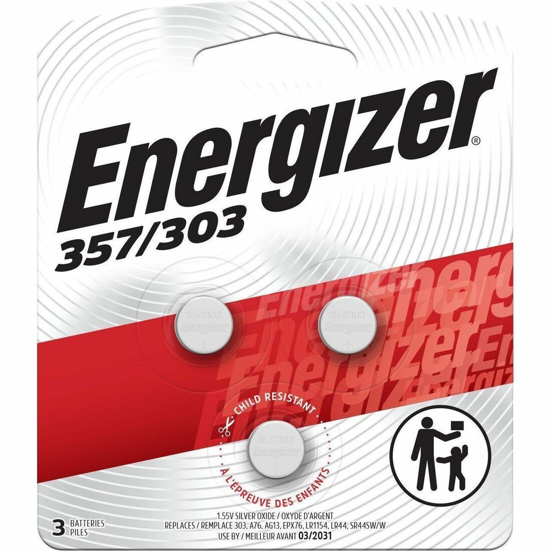 Energizer 357/303 Silver Oxide Button Batteries, 1.55 V DC, 3/Pack (EVE357BPZ3)