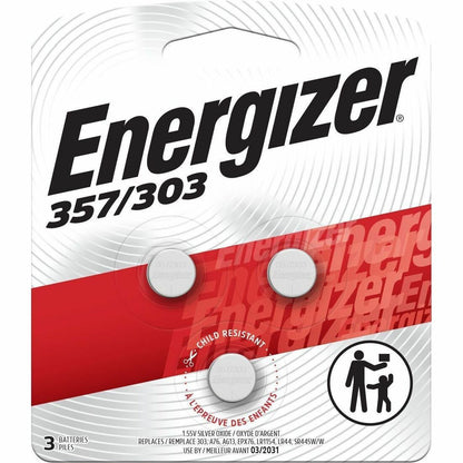 Energizer 357/303 Silver Oxide Button Batteries, 1.55 V DC, 3/Pack (EVE357BPZ3)
