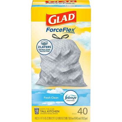 Glad ForceFlex Tall Kitchen Drawstring Trash Bags, 13 gal Capacity, 1.05 mil, 40/Box (CLO78361BX)