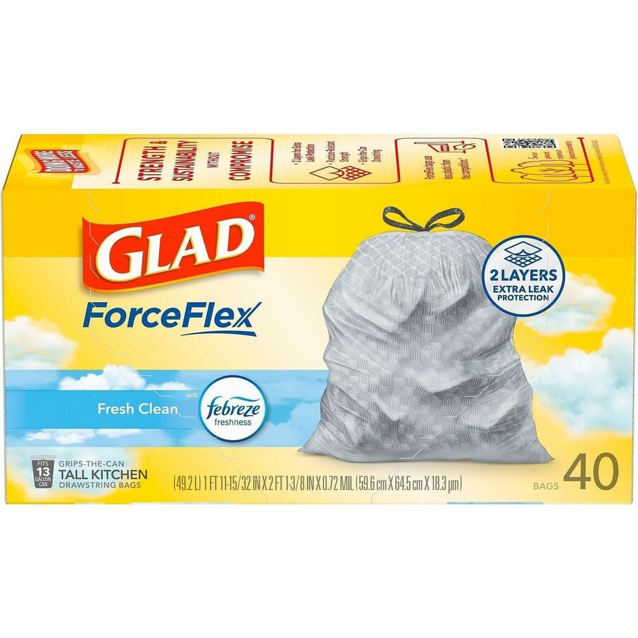 Glad ForceFlex Tall Kitchen Drawstring Trash Bags, 13 gal Capacity, 1.05 mil, 40/Box (CLO78361BX)