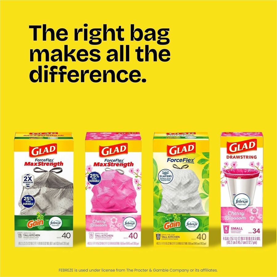 Glad ForceFlex Tall Kitchen Drawstring Trash Bags, 13 gal Capacity, 1.05 mil, 40/Box (CLO78361BX)