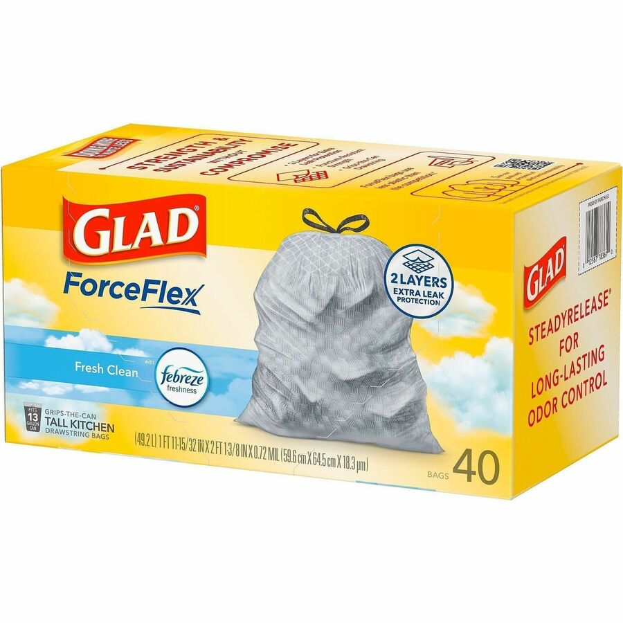 Glad ForceFlex Tall Kitchen Drawstring Trash Bags, 13 gal Capacity, 1.05 mil, 40/Box (CLO78361BX)