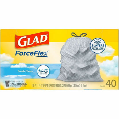 Glad ForceFlex Tall Kitchen Drawstring Trash Bags, 13 gal Capacity, 1.05 mil, 40/Box (CLO78361BX)