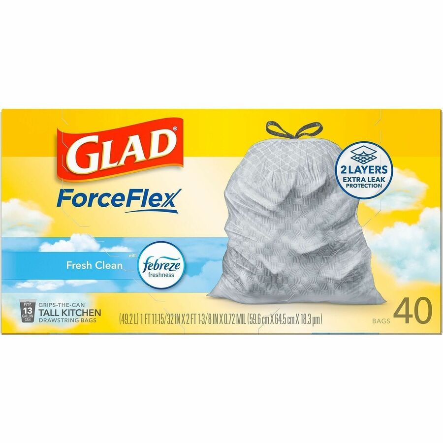 Glad ForceFlex Tall Kitchen Drawstring Trash Bags, 13 gal Capacity, 1.05 mil, 40/Box (CLO78361BX)