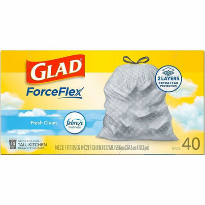 Glad ForceFlex Tall Kitchen Drawstring Trash Bags, 13 gal Capacity, 1.05 mil, 40/Box (CLO78361BX)