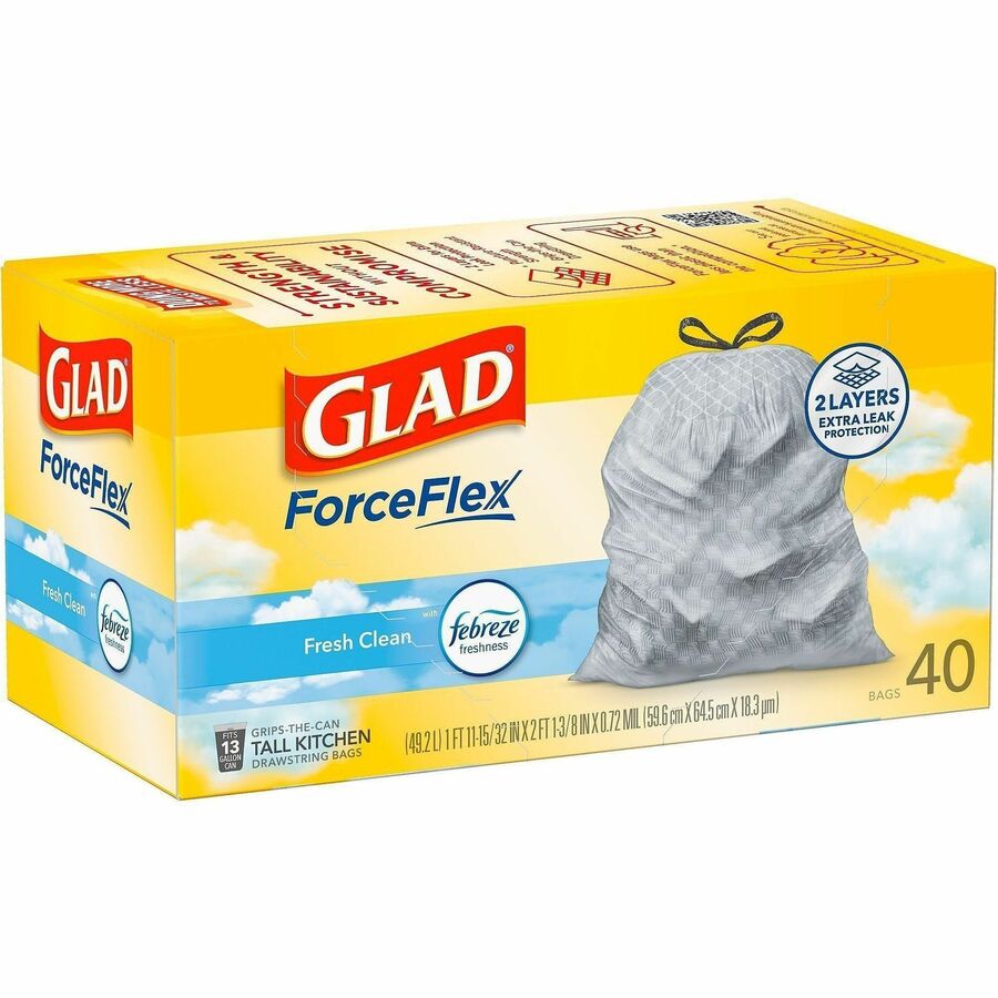 Glad ForceFlex Tall Kitchen Drawstring Trash Bags, 13 gal Capacity, 1.05 mil, 40/Box (CLO78361BX)