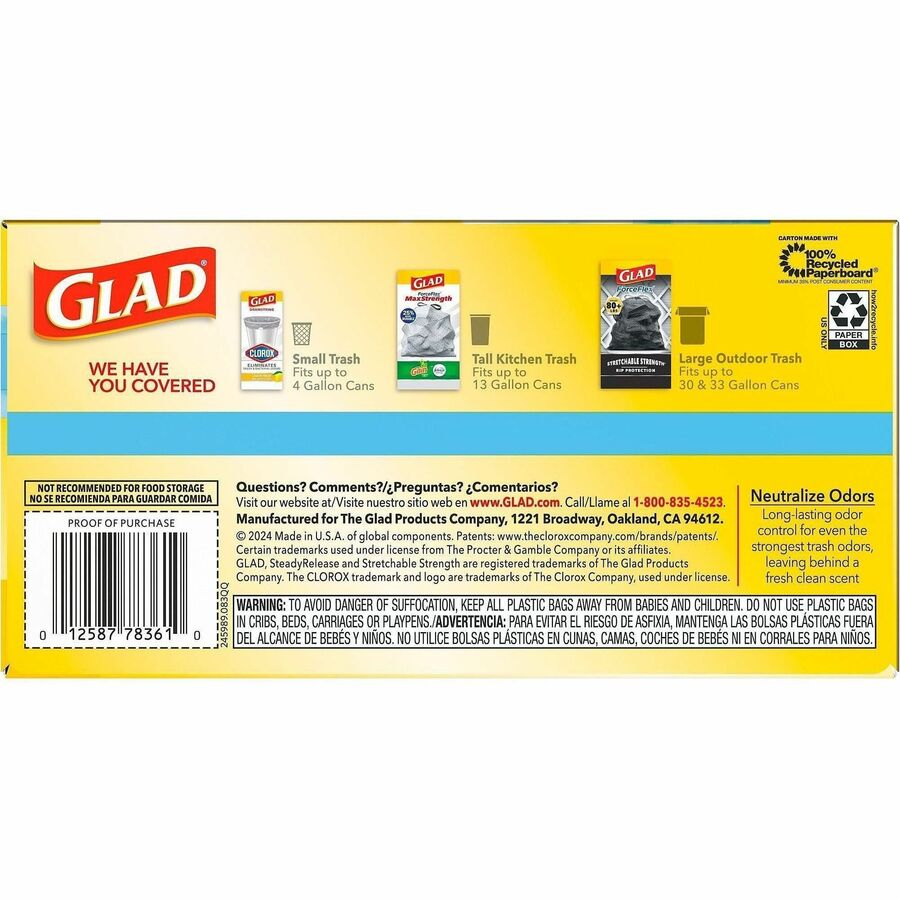 Glad ForceFlex Tall Kitchen Drawstring Trash Bags, 13 gal Capacity, 1.05 mil, 40/Box (CLO78361BX)